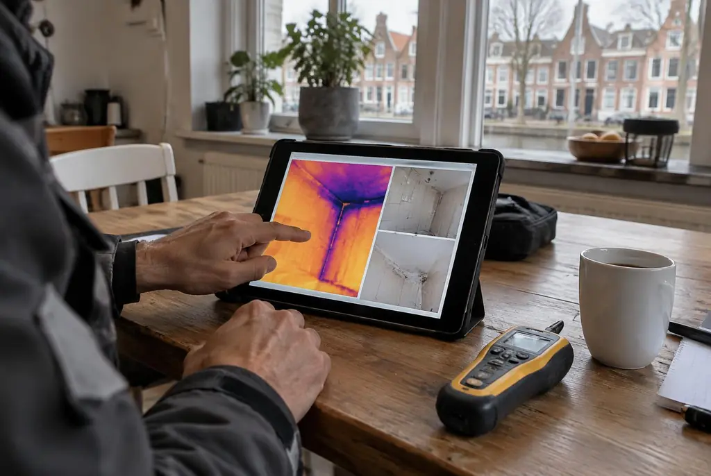 Lekdetectie Cothen – lekdetectierapport met warmtebeelden en foto's op een tablet