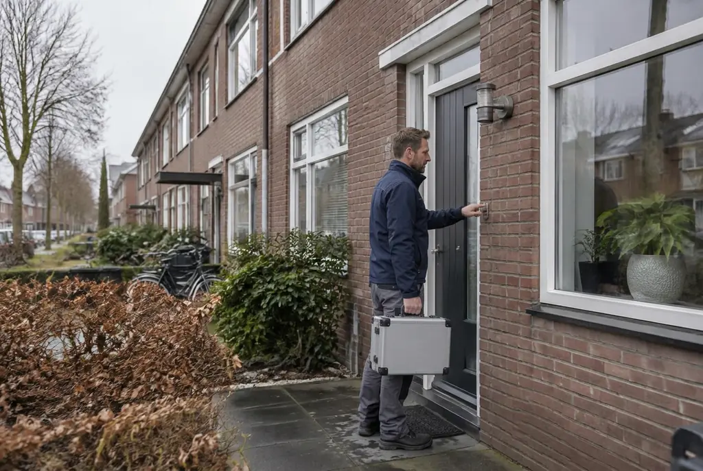 Lekdetectiespecialist met meetkoffer bij de voordeur van een woning in Cothen
