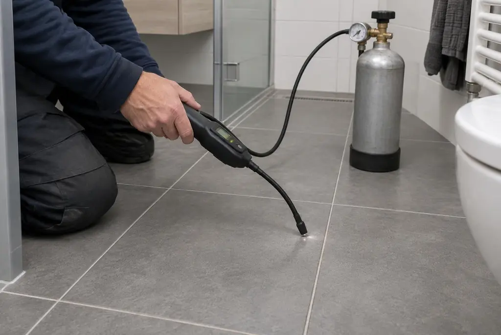 Lekdetectie Cothen – technicus spoort met tracergas een lekkage op in de vloer